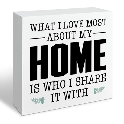 Farmhouse Decor, What I Love Most About My Home Is Who I Share It With, Gift For Her, Country Wood Signs, Home Decoration, Box Sign Decor Tabletop, 5.1x5.1inches - color: Home 19