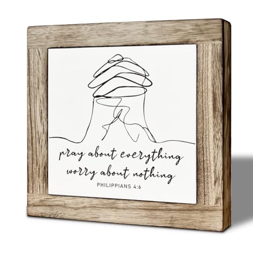 Christian Wooden Desk Decor Wooden Box Sign, Pray About Everything Worry About Nothing, Farmhouse Bible Verse Philippians 4:6 Tabletop Sign, Inspirational Religious Pray Decor - color: color35