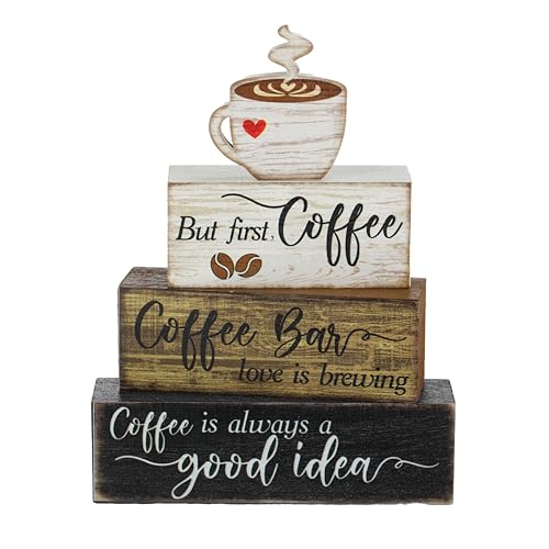 Moucuny 4 Pcs Coffee Bar Sign Wooden Blocks with Cup Topper Coffee Decor - style: Coffee Bar