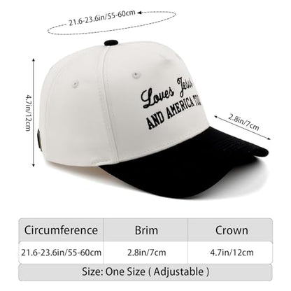 Embroidered Christian Two-Tone Baseball Cap for Men & Women, Adjustable Dad Hat Christmas Easter Gift - color: Loves Jesus and America Too, Black/Beige