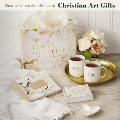 Christian Art Gifts Scripture Inspired Decorative Ceramic Heart Shaped Trinket Tray Dish for Women: Love, Cute Small Novelty Jewelry Storage Holder for Rings, Necklaces, Bracelets, Watches, White/Gold