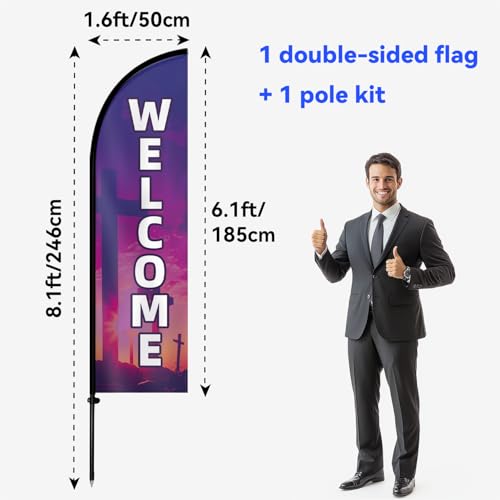 Double Sided Church Welcome Feather Flag with Pole Kit, 8FT Durable Polyester Outdoor Church Sign Banner, High Visibility Welcome Flag for Entrance, Sunday Service & Community Events