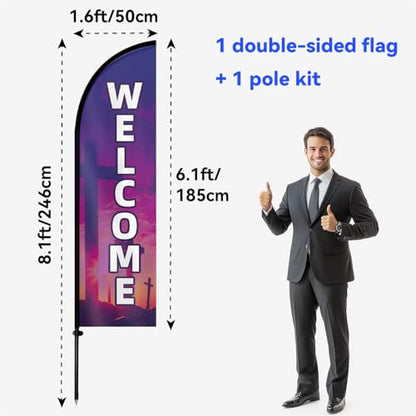 Double Sided Church Welcome Feather Flag with Pole Kit, 8FT Durable Polyester Outdoor Church Sign Banner, High Visibility Welcome Flag for Entrance, Sunday Service & Community Events