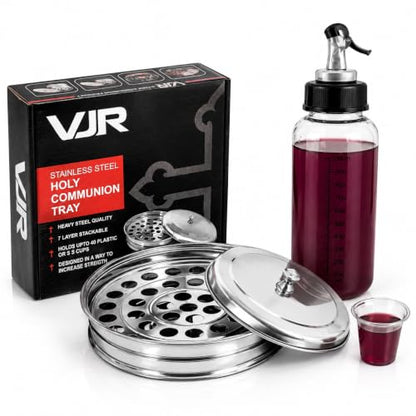 Church Communion Bundle, 40-Cup Silver Stainless Steel Communion Tray with Lid and 33 Oz Push-Button Cup Filler Dispenser, Reusable Serving Set for Church Wine or Juice
