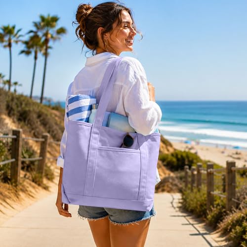 DALIX 20" Solid Color Cotton Canvas Shopping Tote Bag in Lavender - color: Lavender