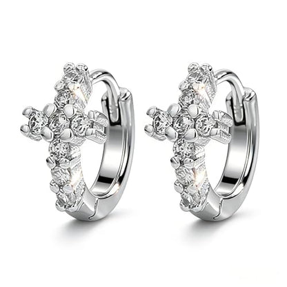Gold Cross Hoop Earrings for Women Cubic Zirconia Cross Earrings Prom Wedding Party Huggie Earrings Christian Jewelry Gift - color: Silver