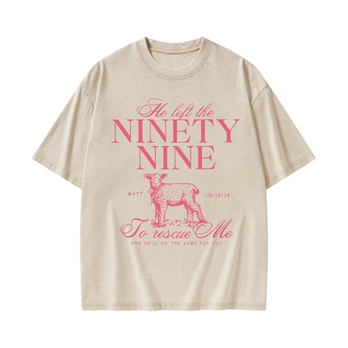 Christian Oversized T Shirt for Men Women - Lost Sheep Psalm 99 Faith Graphic Tees Vintage Washed Cotton Religious Jesus Gift - color: Beige, size: XX-Large