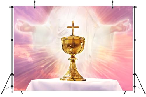 BELECO 7x5ft Fabric Holy Communion Backdrop Chalice in an Altar with God Light Holy Eucharist Theme Background First Communion Party Decorations Christian Church Sanctuary Banner Photo Studio Props - size: 7x5FT