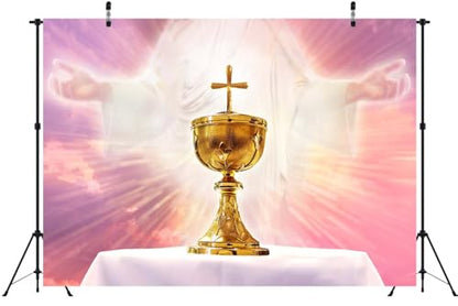 BELECO 8x6ft Fabric Holy Communion Backdrop Chalice in an Altar with God Light Holy Eucharist Theme Background First Communion Party Decorations Christian Church Sanctuary Banner Photo Studio Props - size: 8x6FT
