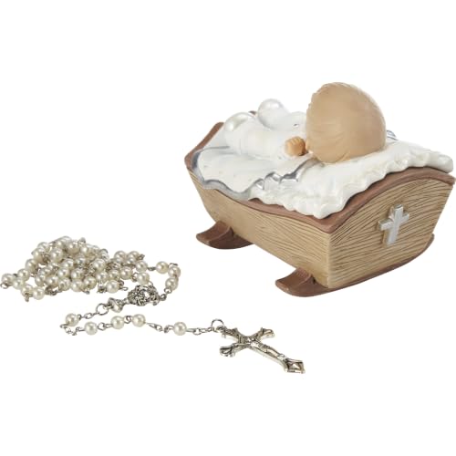 Precious Moments Baby in Cradle Baptism Rosary Box with White Rosary - Boy