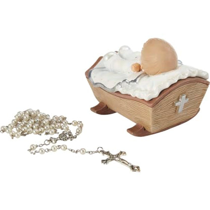 Precious Moments Baby in Cradle Baptism Rosary Box with White Rosary - Boy