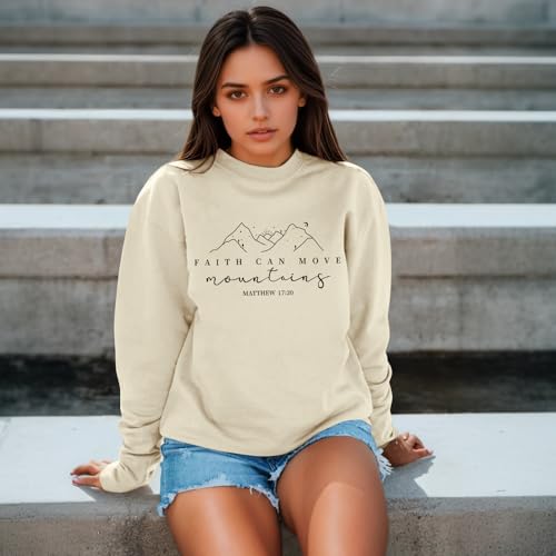 Pairxily Christian Sweatshirts for Women Faith Can Move Mountains Sweatshirt Bible Verse Religious Long Sleeve Crewneck Tops - color: Apricot, size: XX-Large