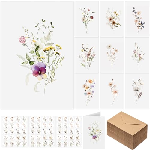 Motiskyy 50 Pcs Blank Greeting Cards 4x6, Blank Cards with Envelopes, 10 Designs, Ideal Stationary Set for All Occasions, Stationary with Matching White Envelope and Sticker(Floral) - style: Floral