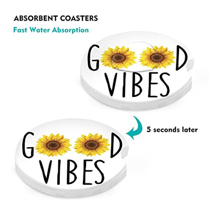 Car Coasters 2 Pack, Small 2.56" Stone Car Cupholder Absorbent Coaster Set for Women Men Drink Cup Holder Coasters (Good Vibes) - color: Good Vibes
