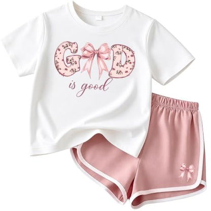 Eatbook Christian Girls Clothes 2 Pcs God is Good T-Shirt Bow Shorts Set - color: White, size: 11-12 Years