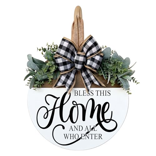Bless This Home Welcome Sign for Front Door, Rustic Wood Wall Decor Porch Wreaths Hanging Door Decorations for Home Outdoor for Spring Summer Fall All Seasons Holiday - color: White-14 Inch