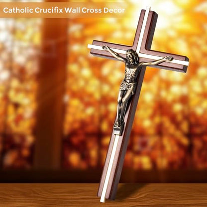 ACHIBANG Crucifix Wall Cross, Catholic Crucifix, Wooden Cross for Wall - color: Brown + Antique Brass