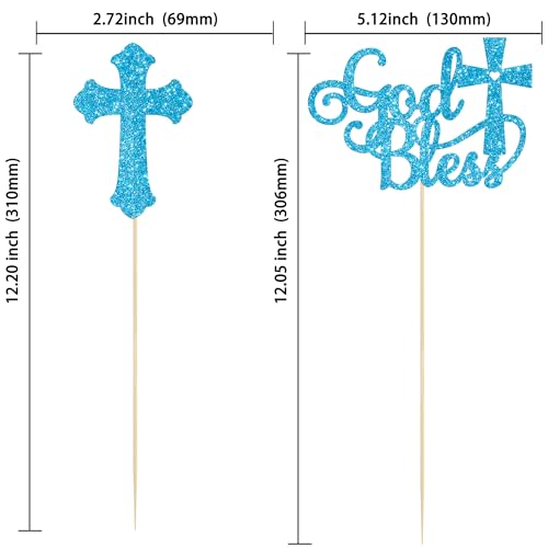 Gyufise 12Pcs God Bless and Cross Centerpiece Sticks Double Sided Cross God Bless Table Flower Centerpieces Sticks First Communion Baptism Decorations for God Bless Theme Party Supplies Blue - color: Blue