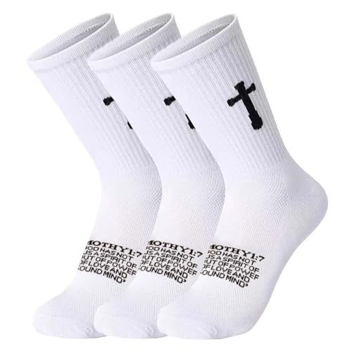 3 Pairs Unisex Cross Socks,Gifts for Christian: Easter Christmas - color: 2 Timothy 1:7 - White