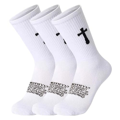 3 Pairs Unisex Cross Socks,Gifts for Christian: Easter Christmas - color: 2 Timothy 1:7 - White