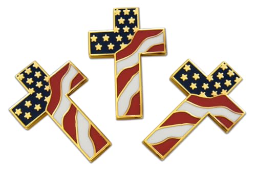 3-Piece Cross Patriotic American Flag Stars & Stripes Lapel Pin or Hat Pin & Tie Tack Set with Clutch Back by Novel Merk