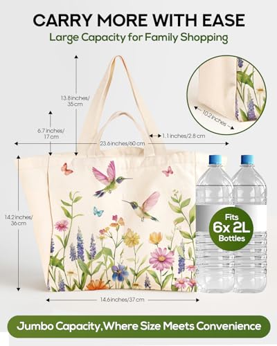 Miss Adola Cute Extra Large Canvas Grocery Tote Bag - color: Flower & Hummingbird