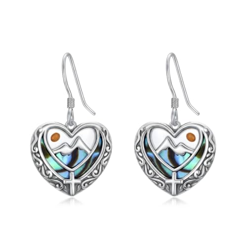 AOBOCO 925 Silver Mustard Seed Cross Heart Dangle Drop Earrings Women - color: Silver-Abalone Shell