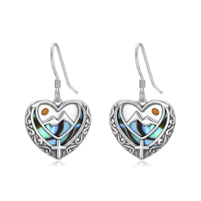 AOBOCO 925 Silver Mustard Seed Cross Heart Dangle Drop Earrings Women - color: Silver-Abalone Shell