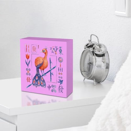 Mahjong Bird Bam Desk Sign Wooden Box Sign Table Decoration Pink - color: pink 1481