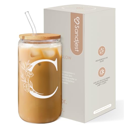 SANDJEST Monogrammed Gifts for Women - Monogram C Initial Glass Cup 16 Oz Can Coffee Cups with Lid and Straw - Monogram Initials Gifts for Womens on Birthday - color: Initial C