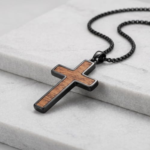 Cross Necklace for Men 925 Sterling Silver & Wood Cross Pendant with Stainless Steel Chain Cross Necklace for Men Women Christian Jewelry Gift - color: Cross-2
