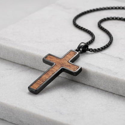 Cross Necklace for Men 925 Sterling Silver & Wood Cross Pendant with Stainless Steel Chain Cross Necklace for Men Women Christian Jewelry Gift - color: Cross-2