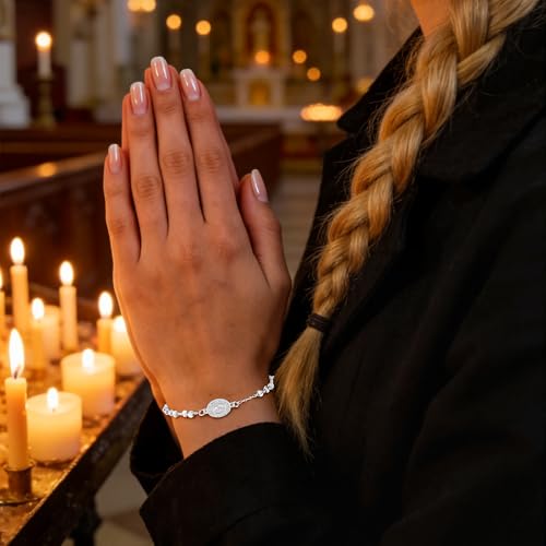 Rosary Cross Bracelet for Women, Virgin Mary Gold Silver Rose Gold 4mm Rosary Beads Catholic Bracelet - color: Silver