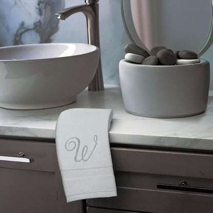Monogrammed Fingertip Towels, Personalized Gift, 11 x 18 Inches - Set of 4 - Silver Script Embroidery - Extra Absorbent 100% Turkish Cotton- Soft Terry Velour- for Bathroom, Kitchen and Spa- W White - style: Initial W