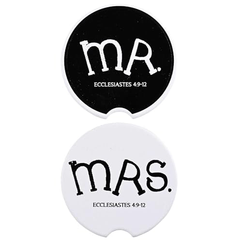Dicksons Inspirational Christian Car Coaster Accessory for Cup Holder, Religious Wedding and Anniversary Giftable for Couples 2.75 x 2.75 Inch Absorbent Ceramic Mr. & Mrs. Black and White Pack of 2