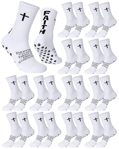 Chicingyou 12 Pairs Cross Grip Soccer Socks, Philippians 4:13 Bible Verse Christian Anti Slip Football Socks for Men Women - color: White