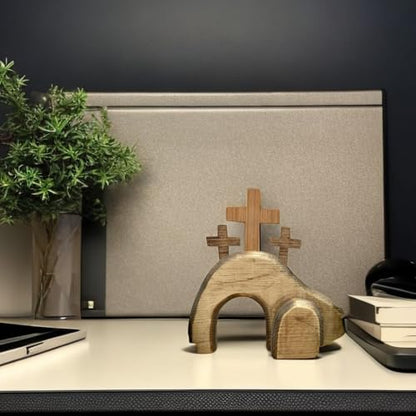 The Empty Tomb Easter Scene and Cross Decoration, He is Risen Decor,Jesus Tomb Tray Bundle Kit, Wooden Easter Jesus Sign Tiered Tray Decorations for The Home, Tabletop, Office (Wood)