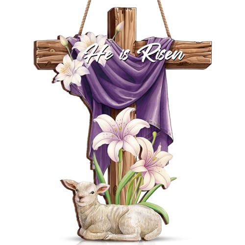 Menkxi Easter Door Sign He is Risen Hanging Decor Religious Cross Sign Easter Wreaths for Front Door Outside Christian Flowers Hanging Hanger for Farmhouse Front Porch Wall Decor(Cross) - style: Cross