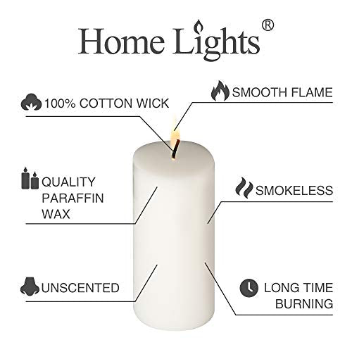 HomeLights Pillar Candles - 2.7x6 inch | 60 Hours Burning, 6 Count - White Unscented Smokeless European Pillar Candles - Perfect for Wedding, Parties, Spas, Home Gatherings and Dinner - size: 27X59P