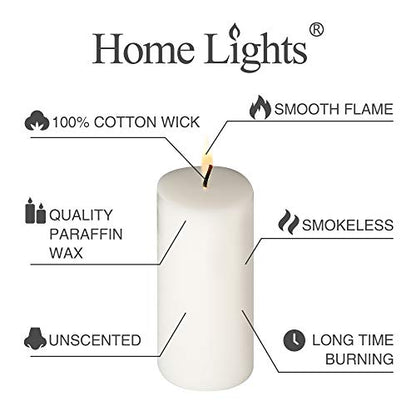 HomeLights Pillar Candles - 2.7x8 inch | 80 Hours Burning, 6 Count - White Unscented Smokeless European Pillar Candles - Perfect for Wedding, Parties, Spas, Home Gatherings and Dinner - size: 27X78P