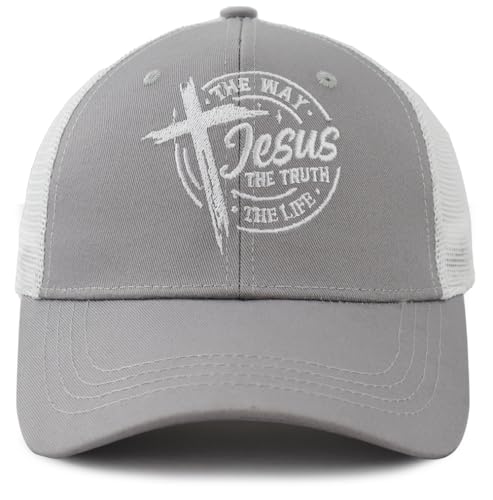 The Way The Truth The Life Trucker Hat for Men Women, Adjustable Embroidered Jesus Christian Baseball Cap - color: Grey
