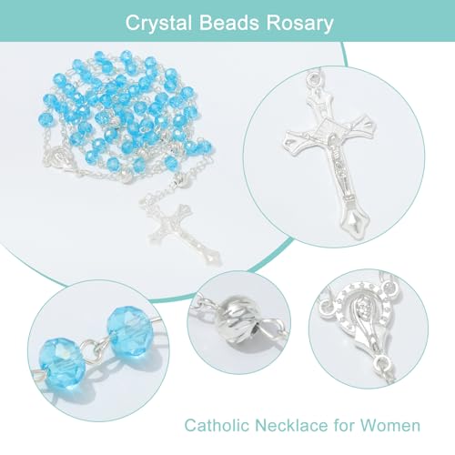 KOMI Crystal Rosary Beads with Jesus Crucifix, Catholic Necklace for Women First Communion Rosarios Wedding Rosary with Velvet Bag - style: 6MM-blue