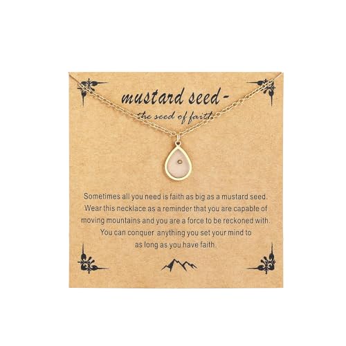Mustard Seed Necklace - Rectangle, Round, Mountain, Hill Christian Faith Geometric Religious Inspirational Gift With Message Card - color: Gold, style: Waterdrop