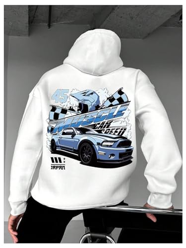 Floerns Men's Long Sleeve Hooded Casual Y2K Graphic Hoodies Sweatshirt - color: White Car, size: Large