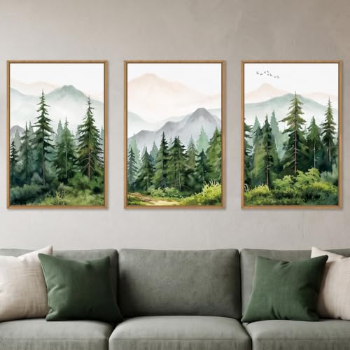 Green Forest Mountain Range Framed Canvas Wall Art -16''x24''x3 - color: Green Forest Wall Art, size: 16"L x 24"W