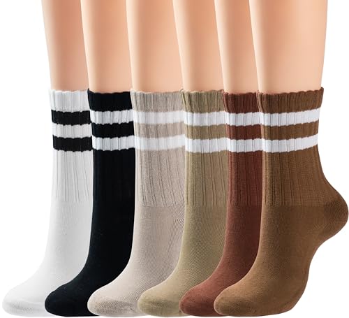 BomKinta Womens Striped Crew Socks Retro Above Ankle Cotton Sock Size 5-10 - color: 6 Pairs-mix Color1