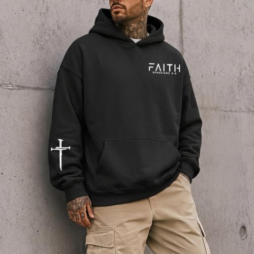 Christian Hoodies for Men Faith Cross Graphic Hoodie Jesus Fleece Sweatshirts Bible Verse Religious Pullover Tops - color: Black, size: Small