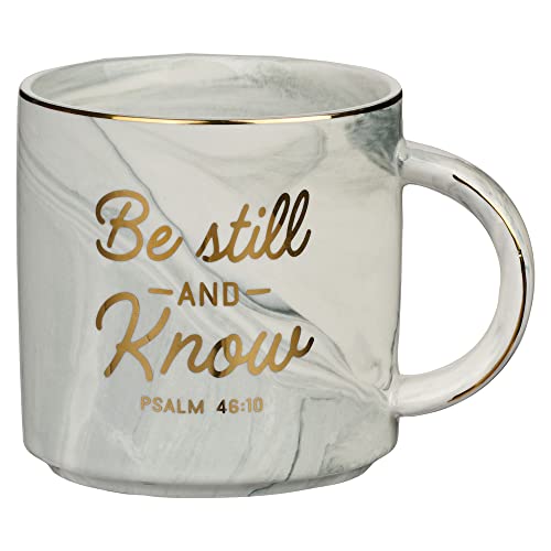 Christian Art Gifts Gray Marbled Ceramic Coffee Mug with Gold Rim – 13 oz. Lead and Cadmium-free Coffee and Tea Mug for Women and Men with Inspirational Bible Verse: Be Still and Know - Psalm 46:10