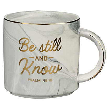 Christian Art Gifts Gray Marbled Ceramic Coffee Mug with Gold Rim – 13 oz. Lead and Cadmium-free Coffee and Tea Mug for Women and Men with Inspirational Bible Verse: Be Still and Know - Psalm 46:10