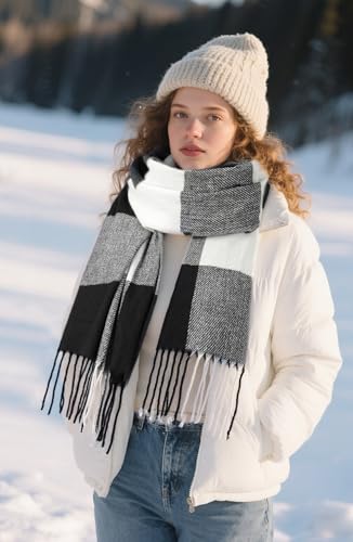 Winter Scarf for Women Plaid Long Oversized blanket Shawl Wraps Gift - color: Black & White